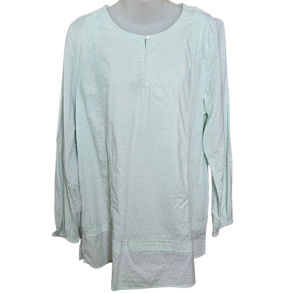 Lands End Womens Peasant Top Size Large Swiss Dot Lace Prairie‎ Green Cotton